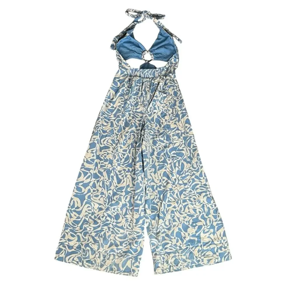 Free People FP Women’s Kira Halter Neck Wide Leg Jumpsuit Blue White Print